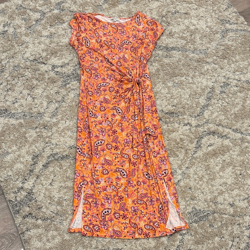 LOFT Orange Paisley Tie-Waist Maxi Dress